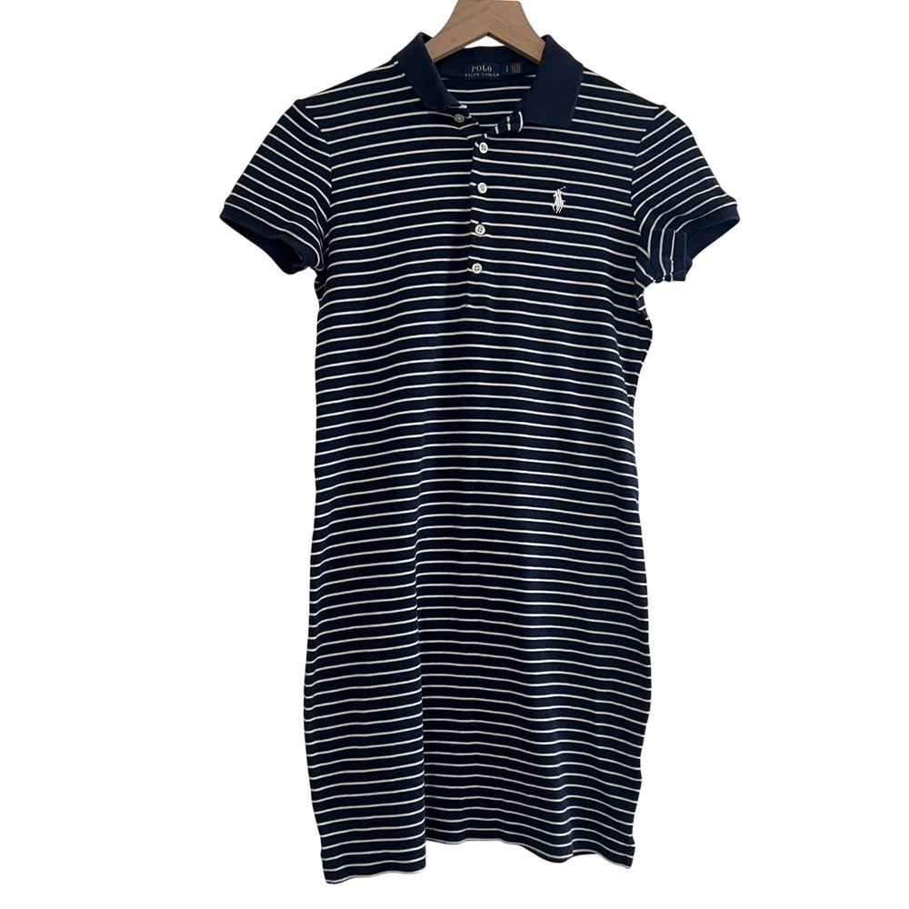 Polo Ralph Lauren Girls Small 8 Navy White Striped Polo Dress Cotton Pony Logo